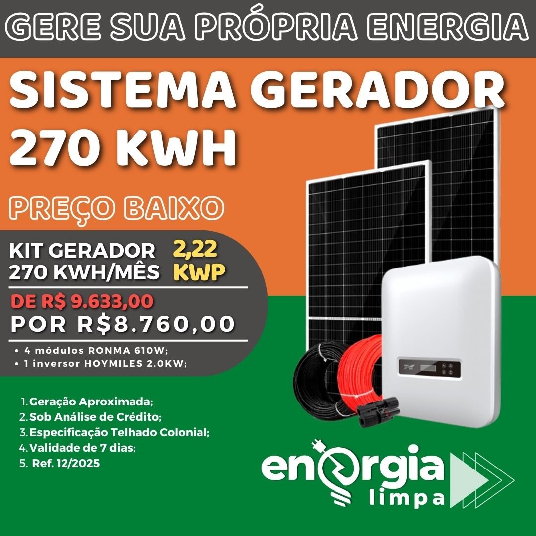 Kit Gerador Solar 270kWh/Mês