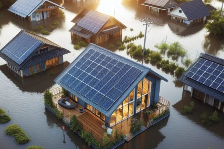 Painéis solares em áreas alagadas