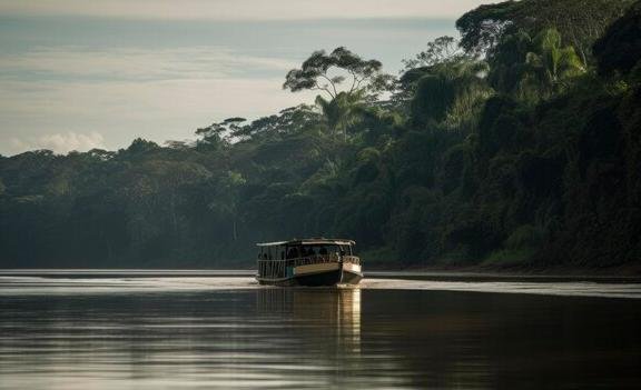 Barco solar navegando pelos rios da Amazônia Barco solar navegando pelos rios da Amazônia